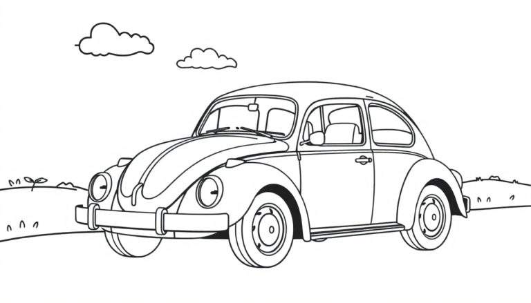 Un coche VW Escarabajo clásico listo para colorear, con líneas negras y blancas sobre un fondo simple con nubes y vegetación.