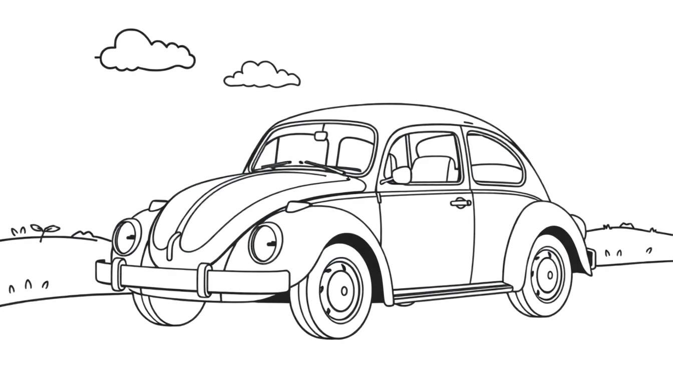 Un coche VW Escarabajo clásico listo para colorear, con líneas negras y blancas sobre un fondo simple con nubes y vegetación.