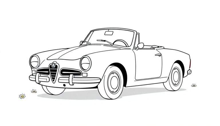 Un coche convertible clásico dibujado a mano con líneas negras para colorear, con flores a su alrededor.