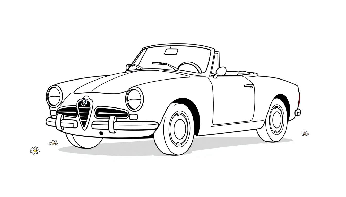 Un coche convertible clásico dibujado a mano con líneas negras para colorear, con flores a su alrededor.