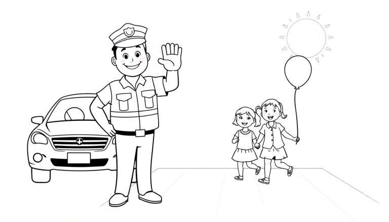 Un policía sonriente con su placa de color vigilando a dos niñas cogidas de la mano que caminan junto a un globo bajo un sol brillante.