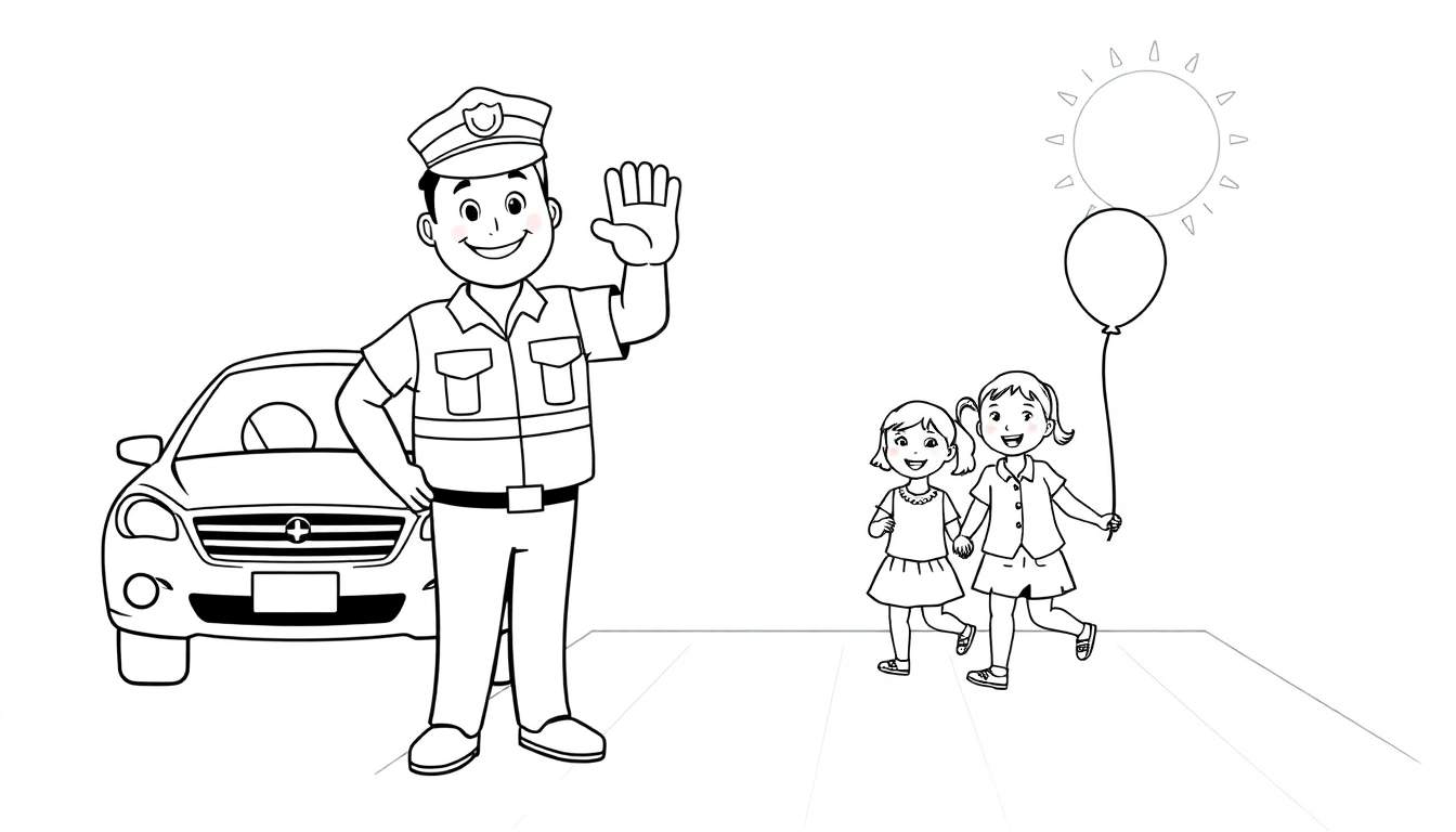 Un policía sonriente con su placa de color vigilando a dos niñas cogidas de la mano que caminan junto a un globo bajo un sol brillante.