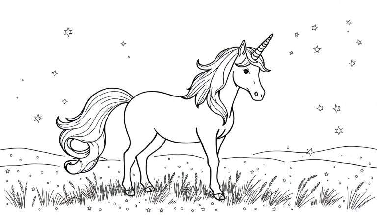 Un unicornio mágico, página para colorear en blanco y negro, pastando en un campo de estrellas brillantes.