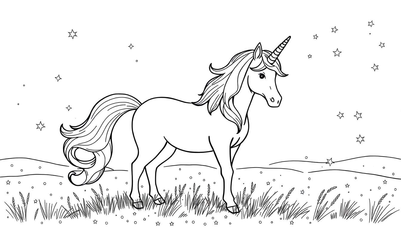 Un unicornio mágico, página para colorear en blanco y negro, pastando en un campo de estrellas brillantes.