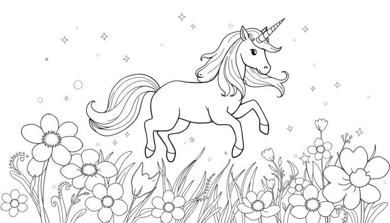 Ilustración en blanco y negro de un unicornio saltando sobre flores, con melena estrellada, para colorear en una placa de color.