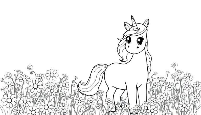 Placa de color de un unicornio amigable en un campo de flores.