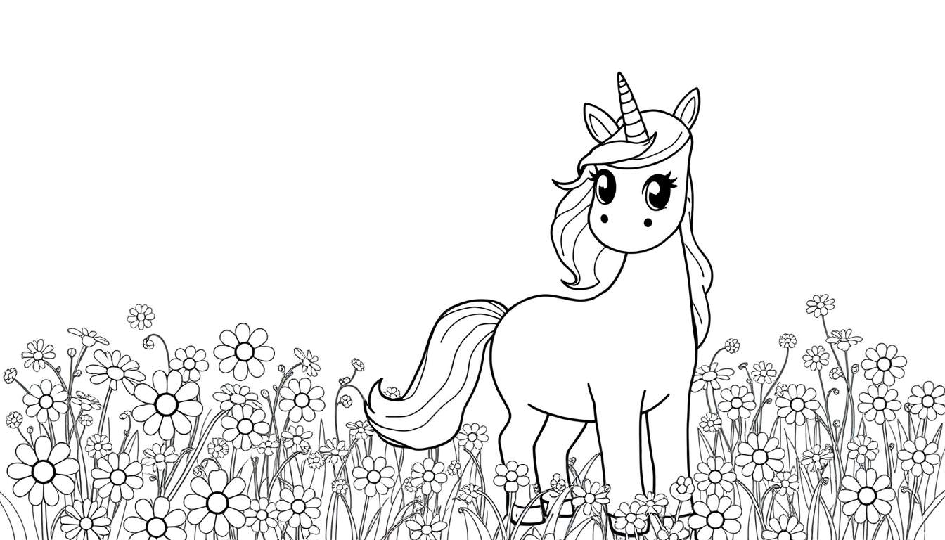 Placa de color de un unicornio amigable en un campo de flores.
