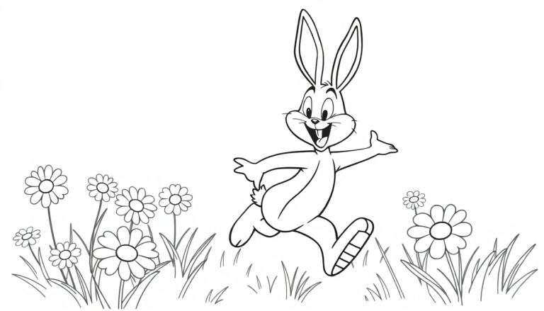 Bugs Bunny corriendo feliz por un campo de flores, listo para colorear.