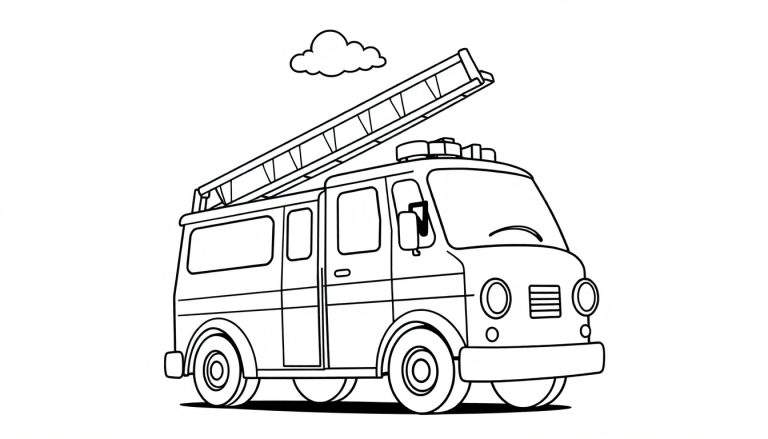 Un camión de bomberos amigable para colorear con una placa de color.