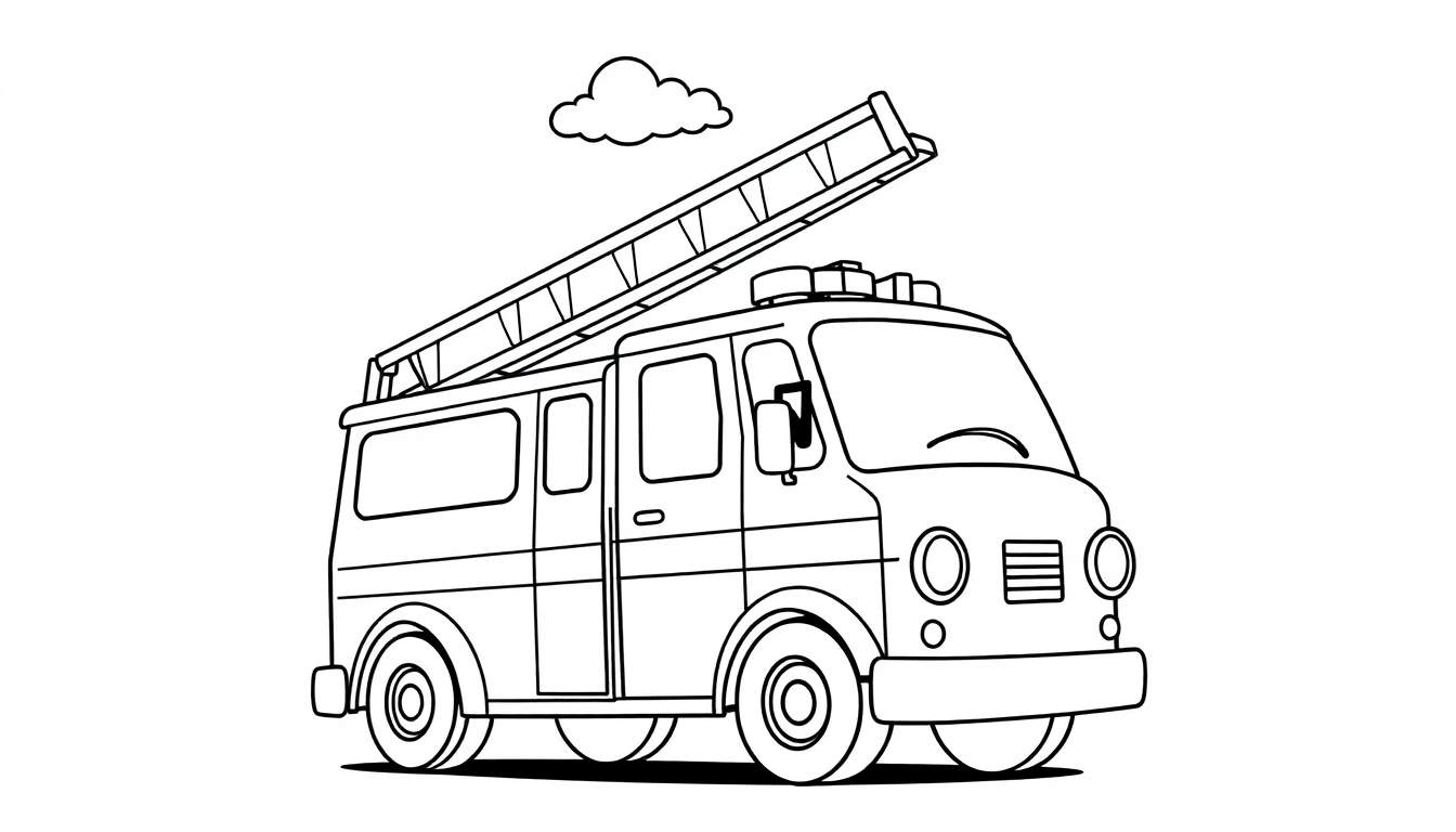 Un camión de bomberos amigable para colorear con una placa de color.