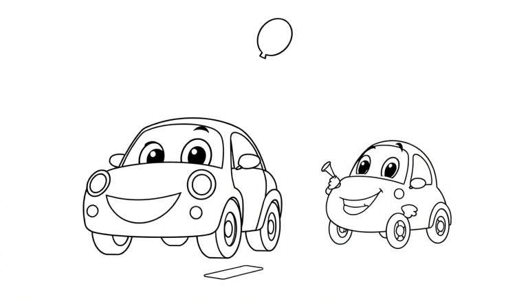 Una página para colorear con dos coches de dibujos animados, uno grande y otro pequeño, en blanco y negro, listos para ser coloreados. La placa de color los hace aún más divertidos.