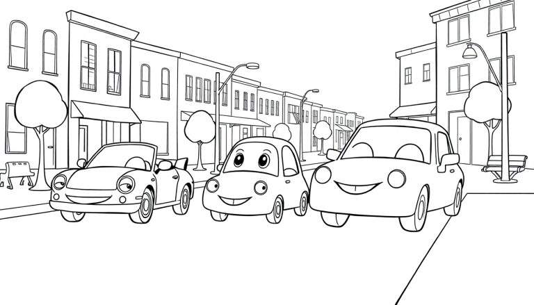 Unos coches divertidos con expresiones alegres en una calle de la ciudad, listo para colorear con su placa de color.