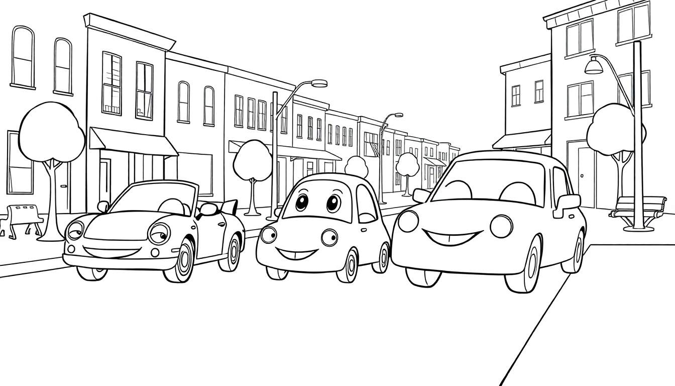 Unos coches divertidos con expresiones alegres en una calle de la ciudad, listo para colorear con su placa de color.