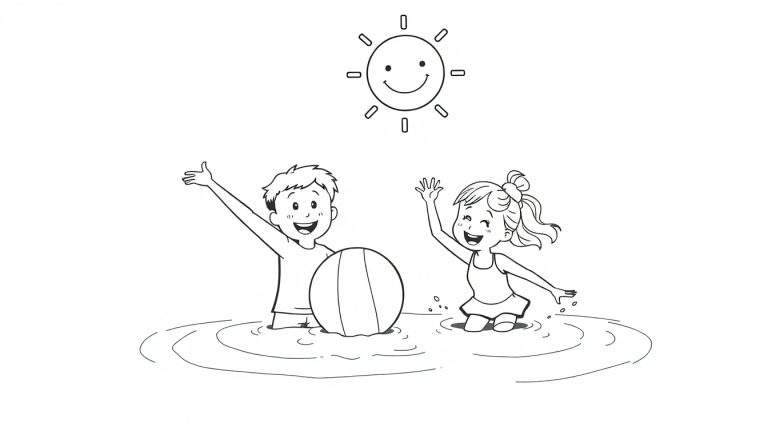 Página para colorear de niños jugando en el agua bajo un sol sonriente, una placa de color.