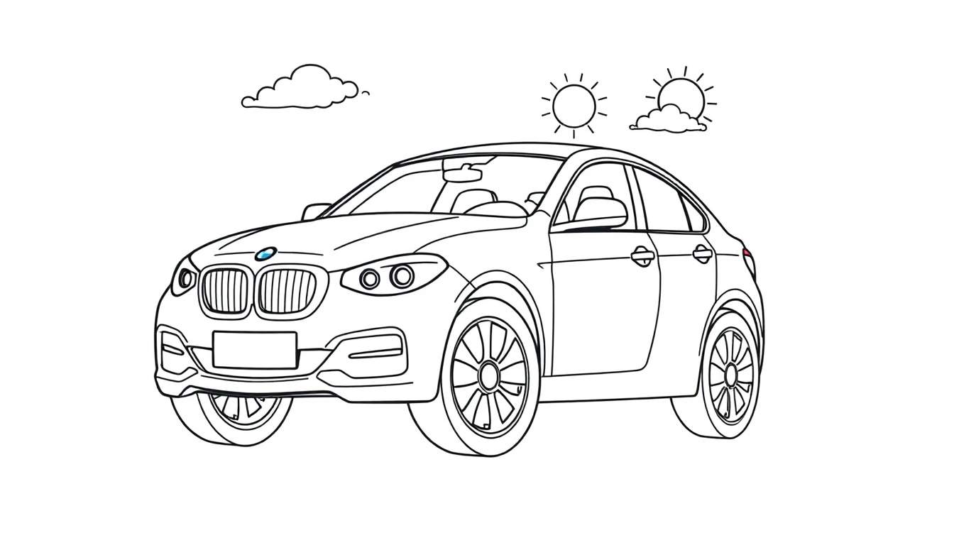 Placa de color de un coche BMW estilo cupé negro y blanco con ruedas grandes y una sonrisa amistosa.