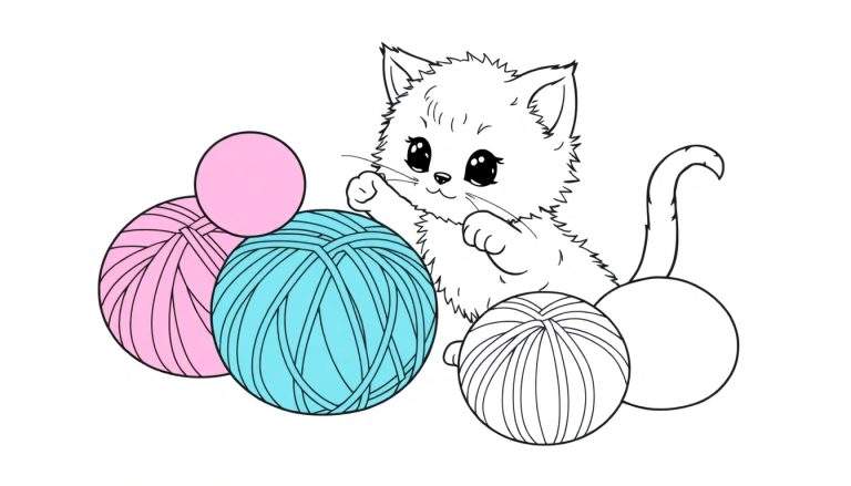 Un dibujo lineal de un gatito juguetón intentando atrapar bolas de lana de colores pastel. La placa de color para colorear muestra al gatito en blanco y negro.