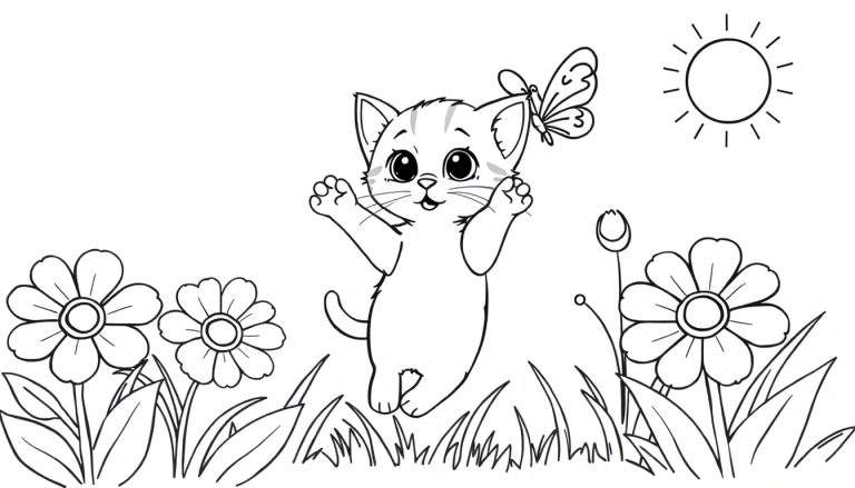Placa de color de un gatito juguetón persiguiendo una mariposa en un jardín soleado con flores.
