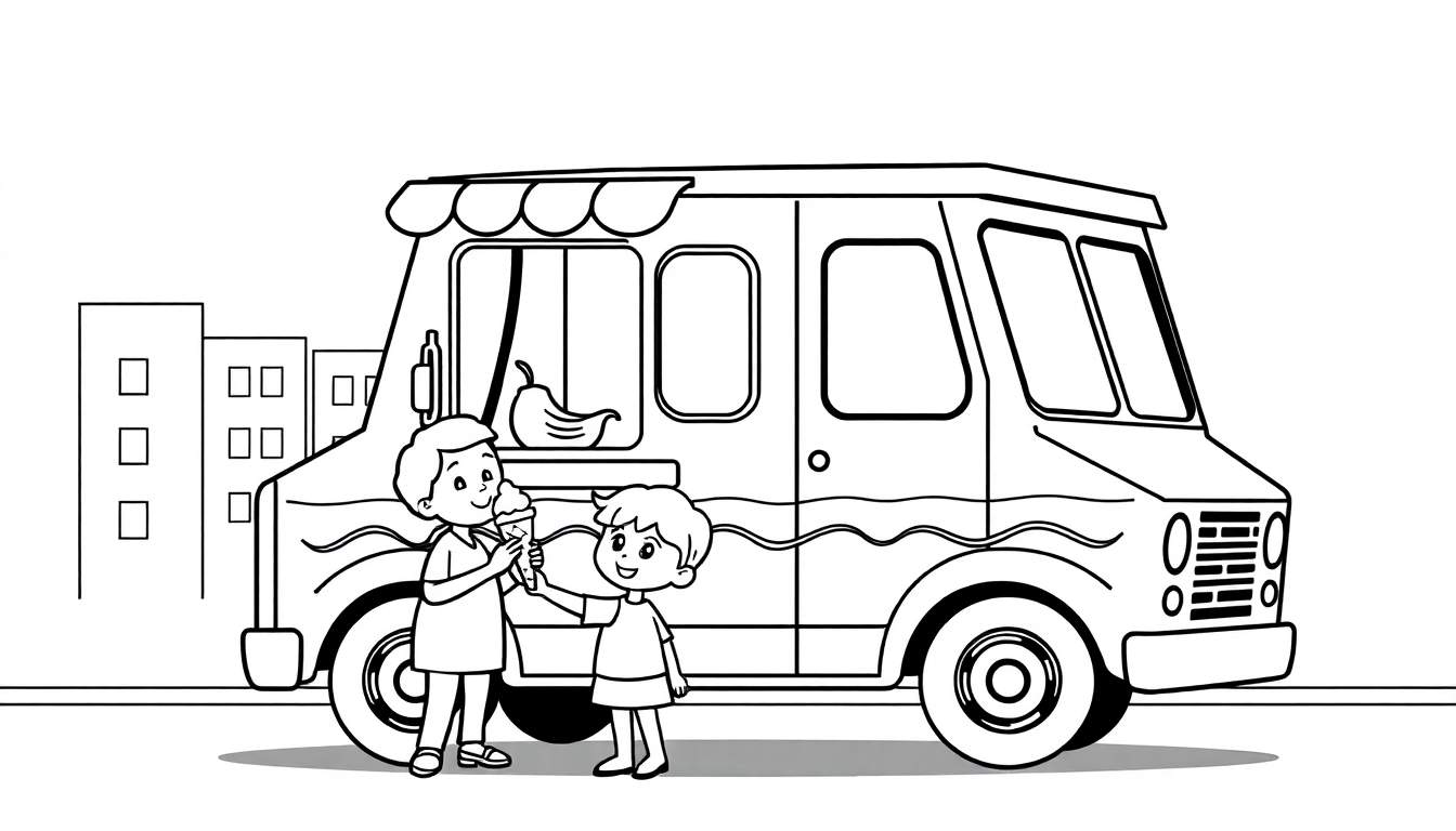 Dibujo lineal de un camión de helados con dos niños, para colorear. Incluye una placa de color.