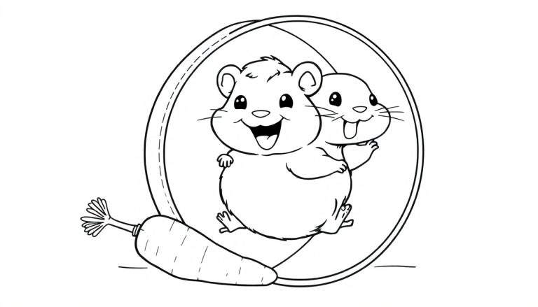 Dibujo para colorear de dos hámsteres felices en una rueda con una zanahoria, placa de color.