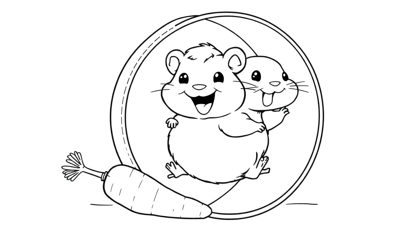 Dibujo para colorear de dos hámsteres felices en una rueda con una zanahoria, placa de color.