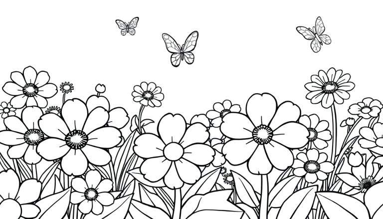 Placa de color de un jardín con flores y mariposas.