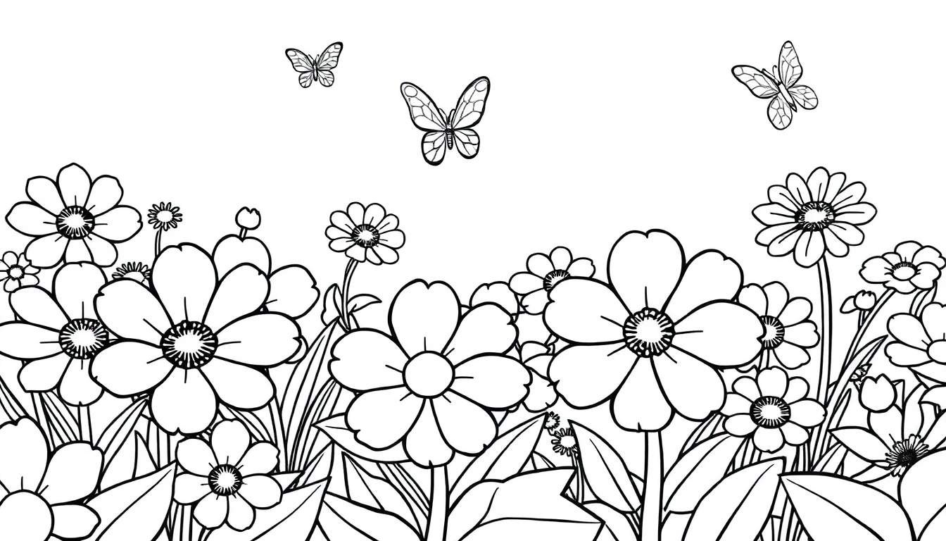 Placa de color de un jardín con flores y mariposas.