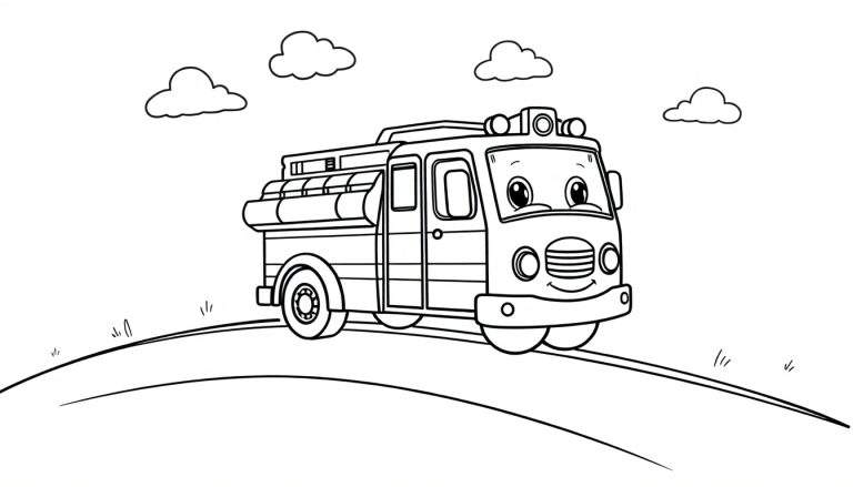 Dibujo lineal en blanco y negro de un camión de bomberos animado con cara amigable y grandes ojos, en una colina verde con cuatro nubes en el cielo, listo para colorear con su placa de color.