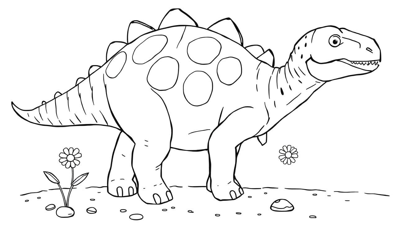 Un dinosaurio herbívoro amigable, como un estegosaurio, con placas en la espalda y púas en la cola, listo para ser coloreado.
