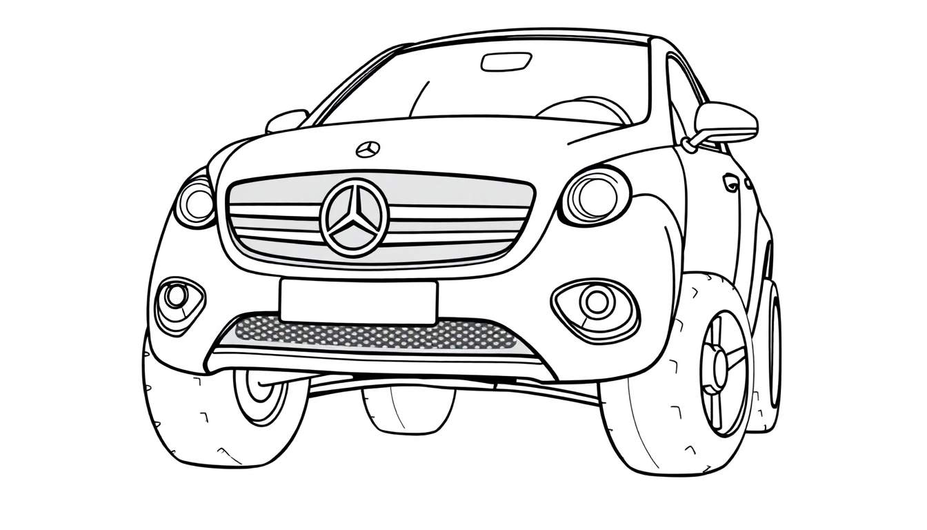 Un dibujo de un coche Mercedes-Benz robusto para colorear, con grandes ruedas y una gran sonrisa, listo para ser llenado con una placa de color.