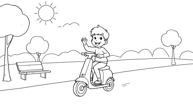 Dibujo lineal de un niño sonriente en un patinete, con un parque soleado y árboles de fondo, listo para colorear. Placa de color.