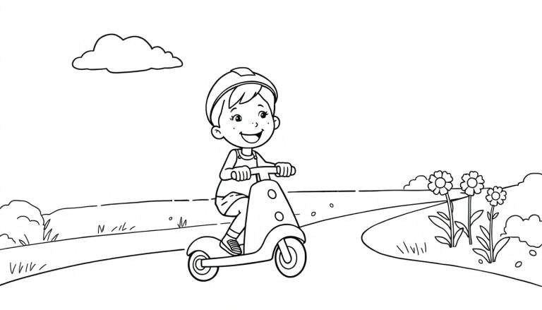 Placa de color para colorear de un niño sonriente en patinete por carretera rural.