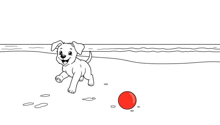 Un cachorro corriendo hacia una pelota roja en la playa, listo para colorear en la placa de color.