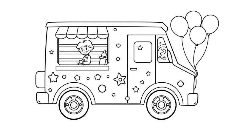 Placa de color de un camión de helados con un joven sonriendo, globos y decoraciones de estrellas y círculos.