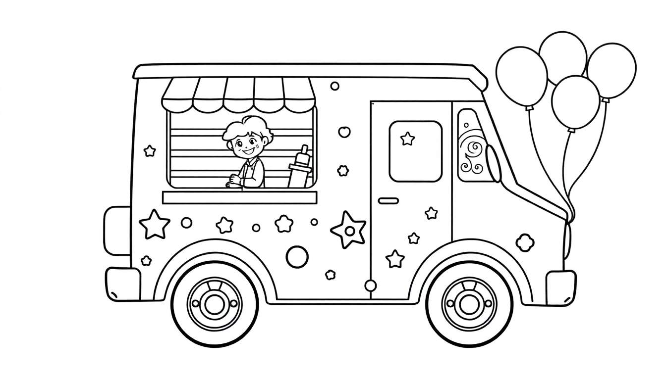 Placa de color de un camión de helados con un joven sonriendo, globos y decoraciones de estrellas y círculos.