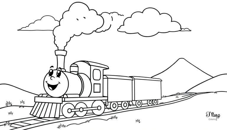 Tren de vapor de dibujos animados sonriente en una placa de color de paisaje montañoso.