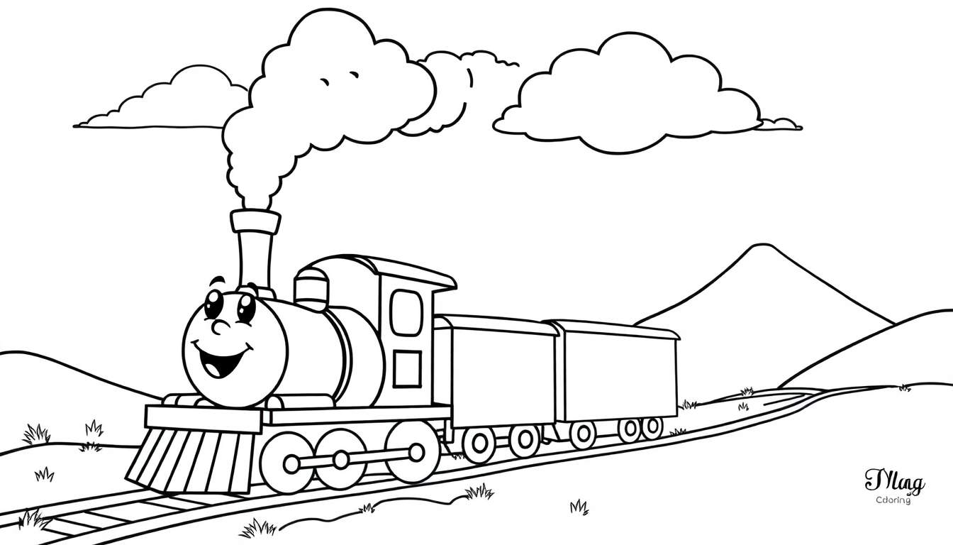 Tren de vapor de dibujos animados sonriente en una placa de color de paisaje montañoso.