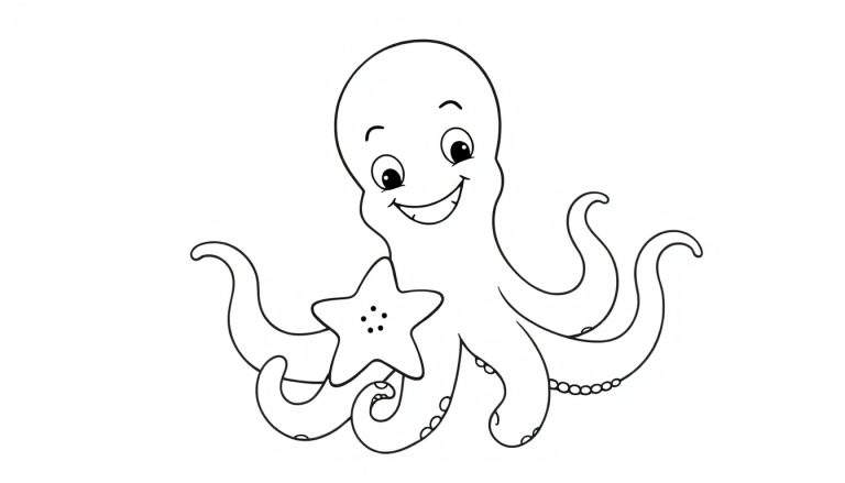 Pulpo sonriente con estrella de mar, listo para pintar en esta placa de color.