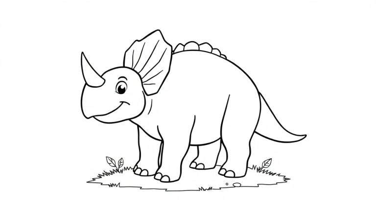 Placa de color de un Triceratops sonriente con un gran cuerno y picos en la espalda.