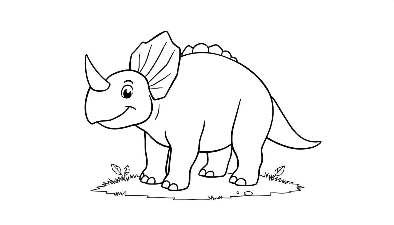 Placa de color de un Triceratops sonriente con un gran cuerno y picos en la espalda.