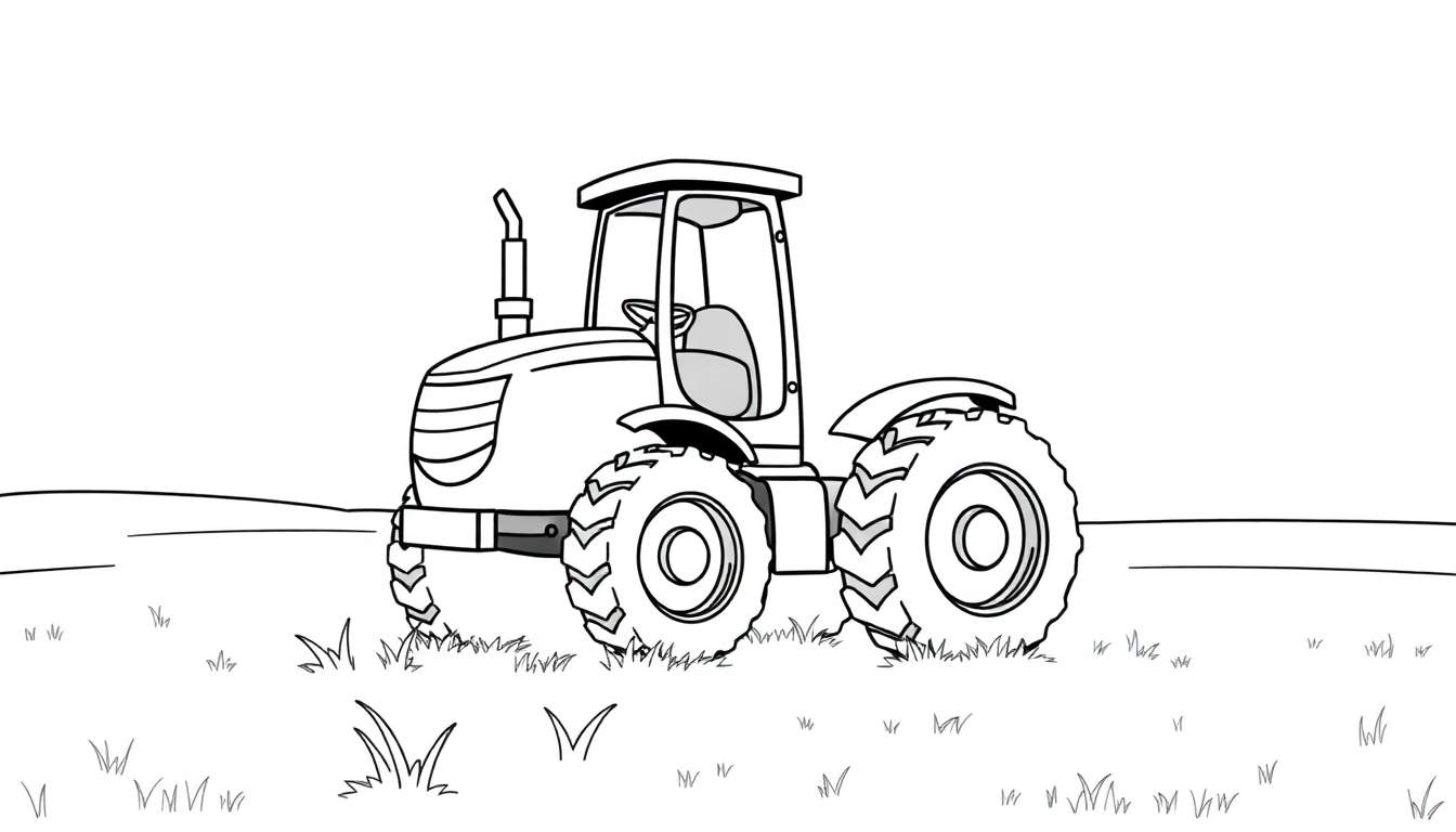 Un tractor de placa de color amigable en un campo listo para colorear.