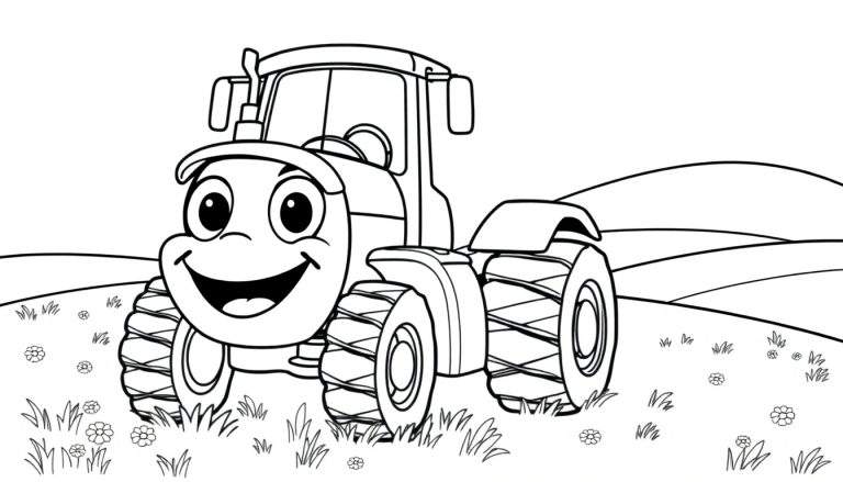Un tractor amigable sonriendo en un campo con flores, listo para colorear.