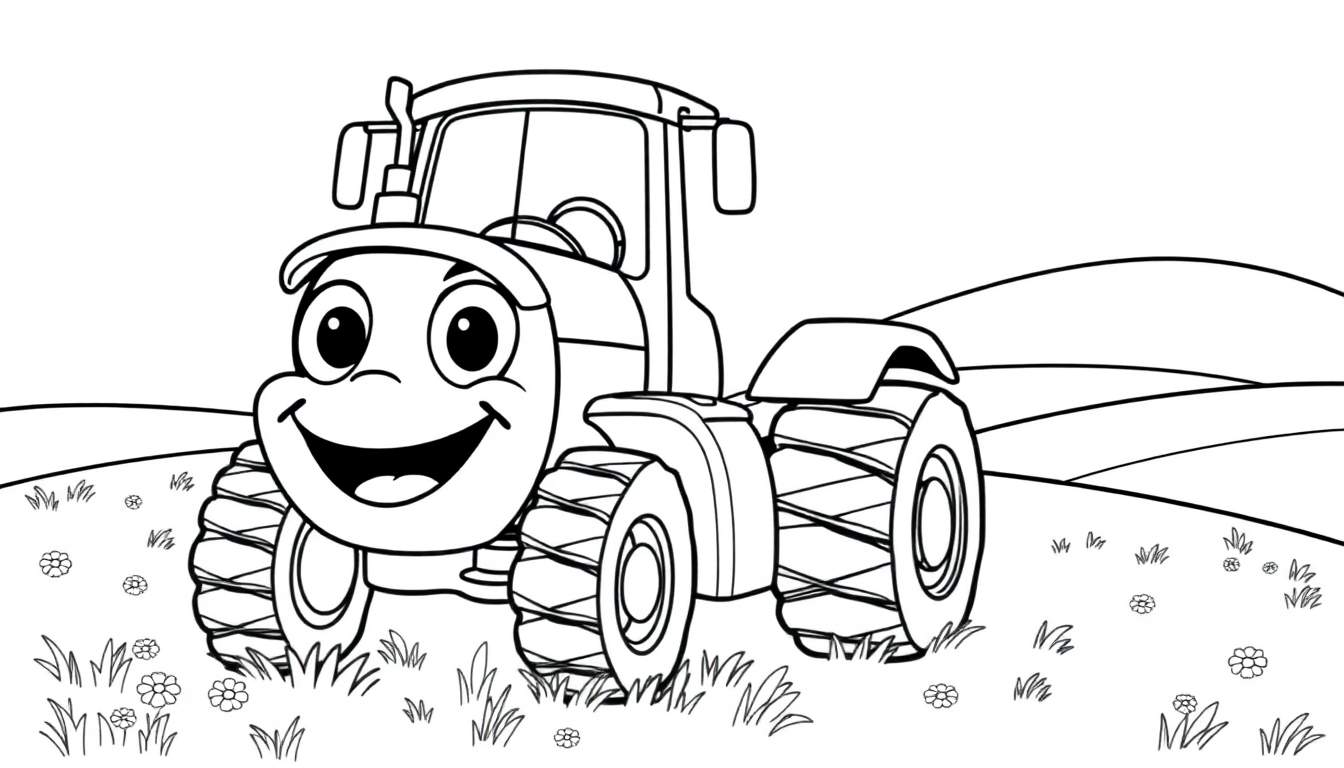 Un tractor amigable sonriendo en un campo con flores, listo para colorear.