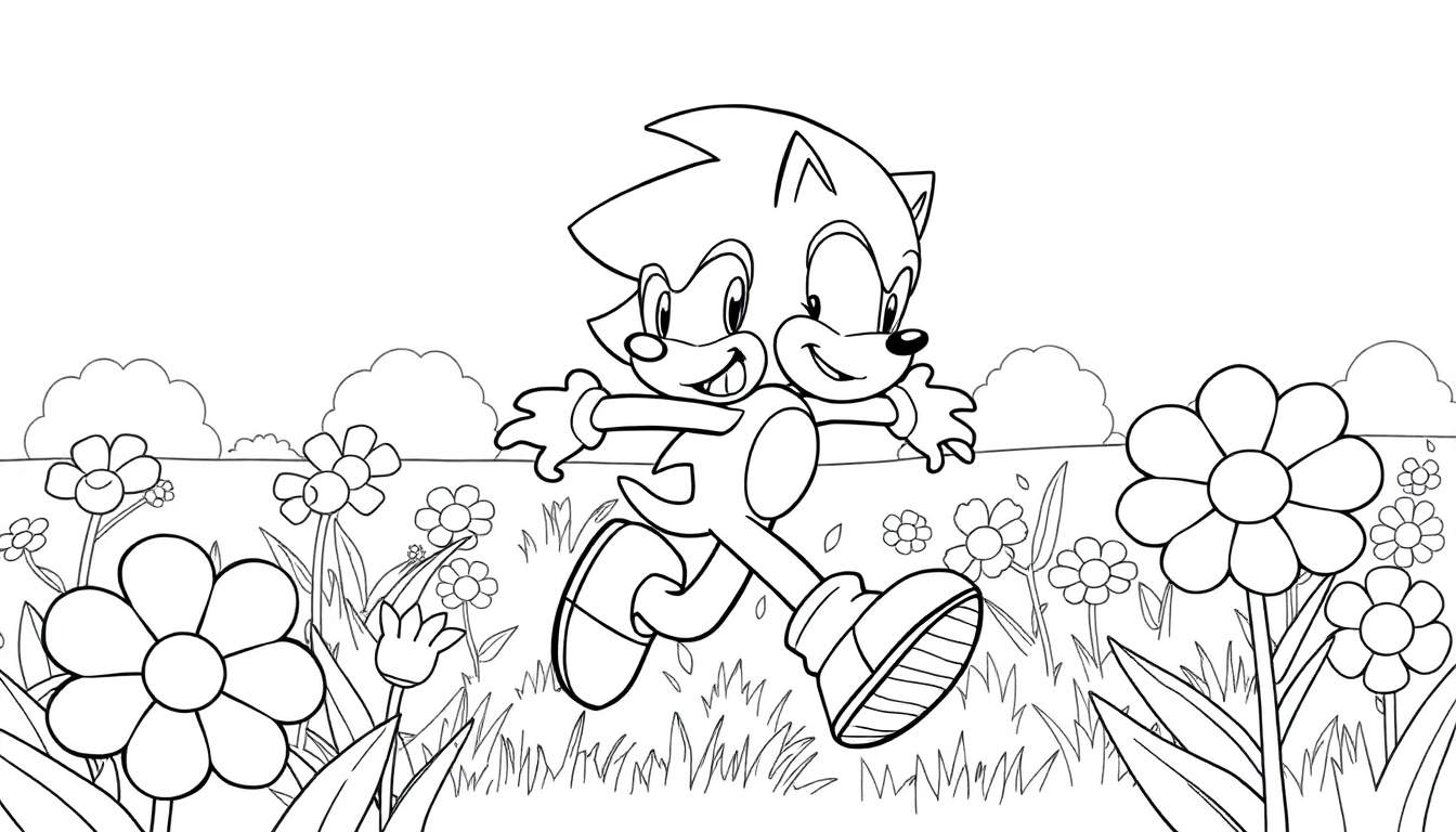 Placa de color de Sonic corriendo feliz entre flores y hierba.