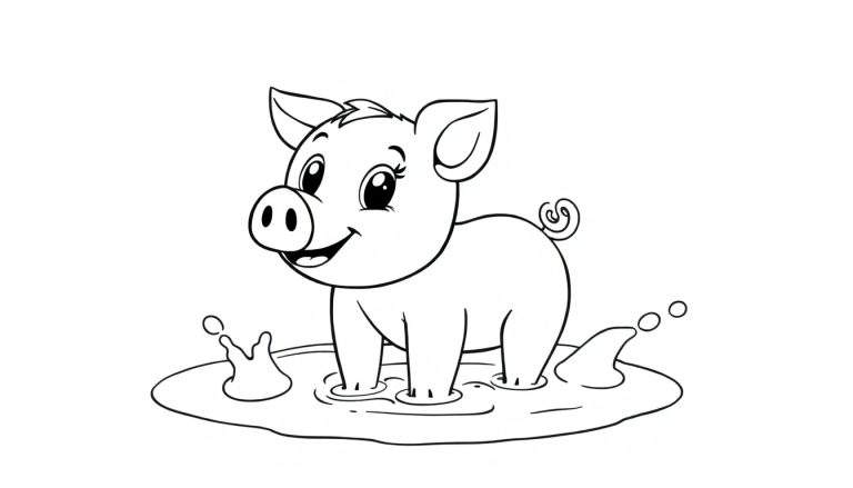 Placa de color de un cerdito juguetón en un charco.