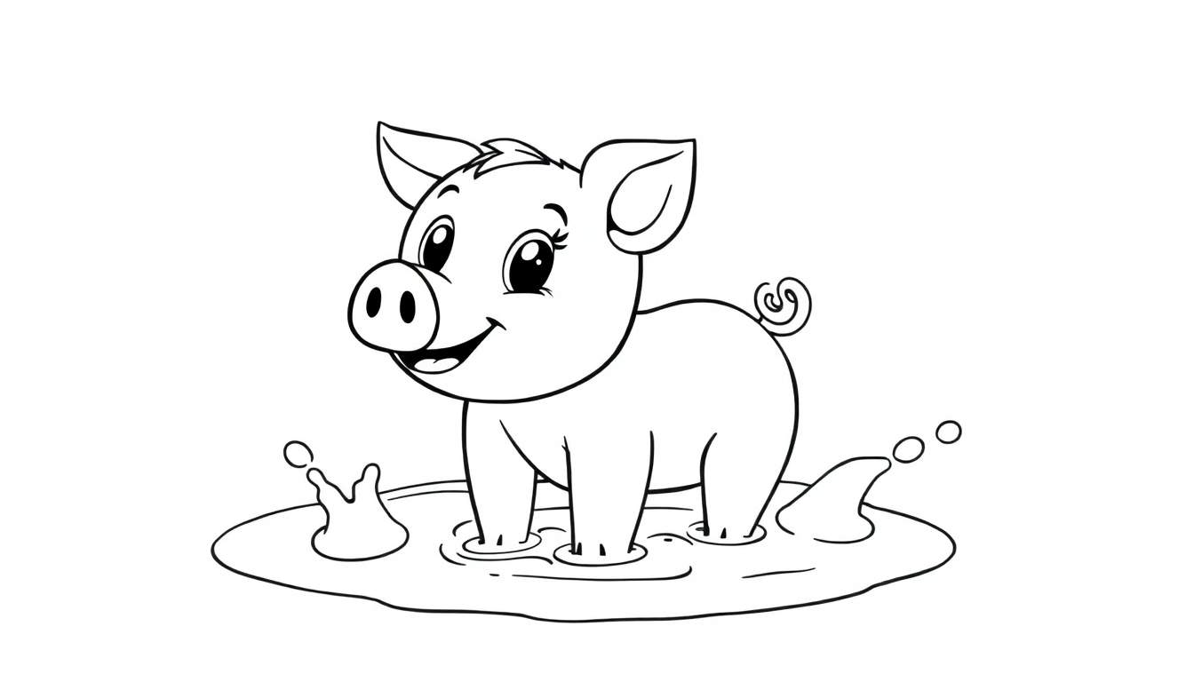 Placa de color de un cerdito juguetón en un charco.