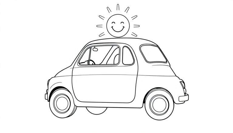 Un cochecito Fiat 500 clásico con una gran placa de color sonriente y el sol brillando.