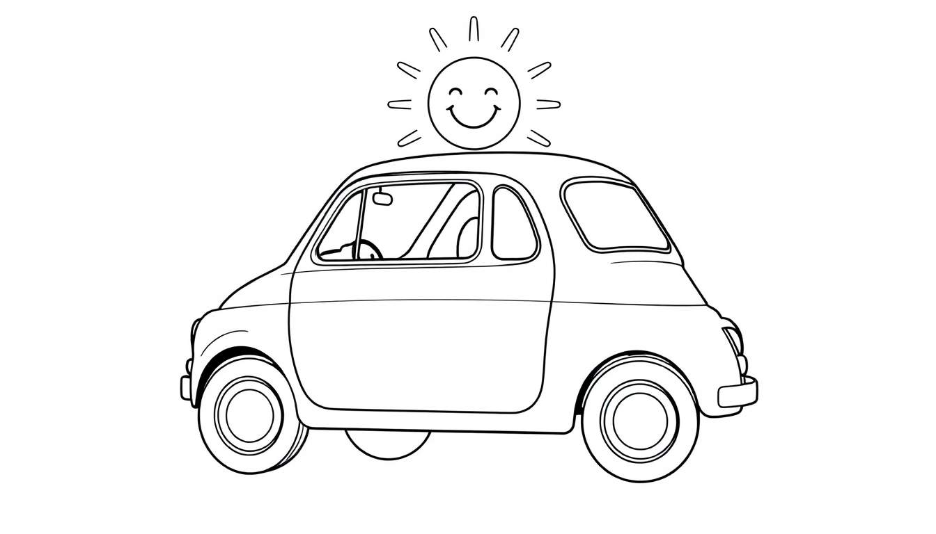 Un cochecito Fiat 500 clásico con una gran placa de color sonriente y el sol brillando.