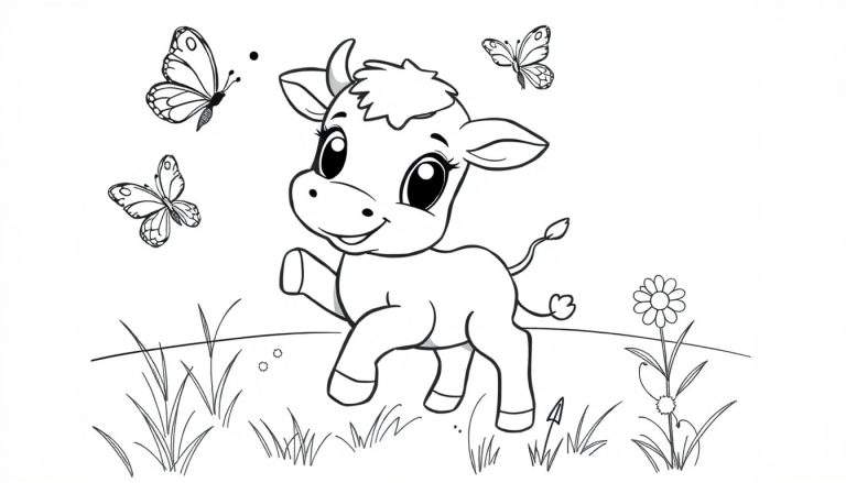 Ternero feliz jugando con mariposas, página para colorear.