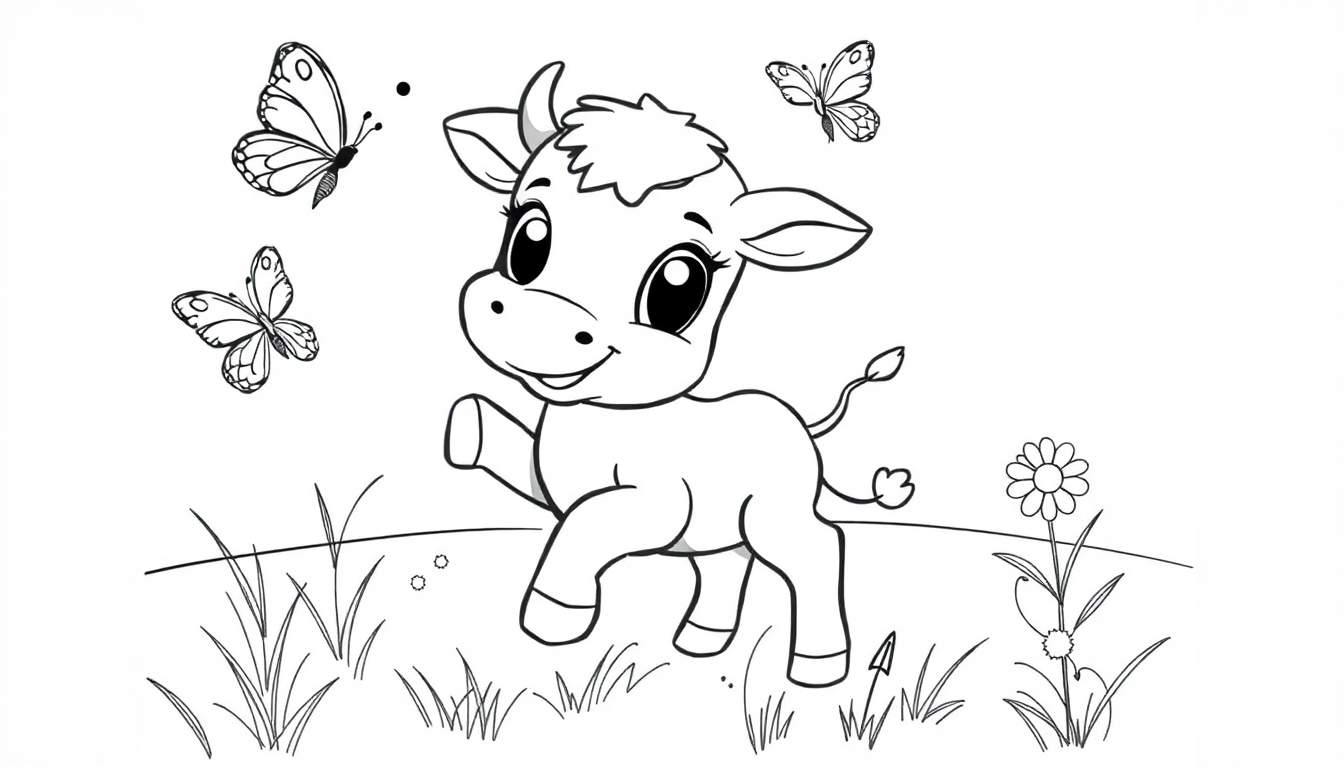 Ternero feliz jugando con mariposas, página para colorear.
