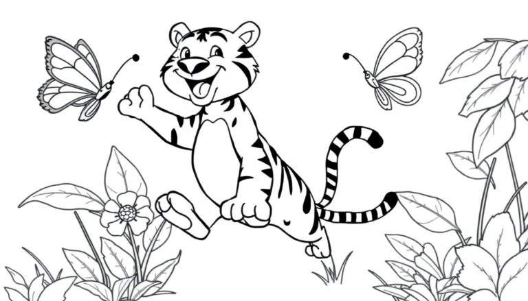Placa de color de un tigre juguetón con mariposas en un entorno floral.